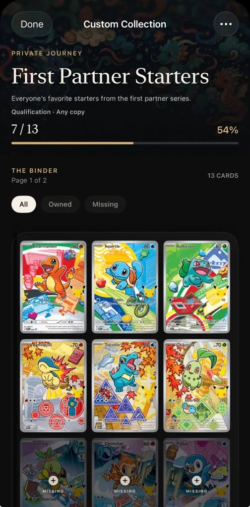 First Partner Starters custom collection in Memento, with 7 of 13 cards owned and 54 percent completion.
