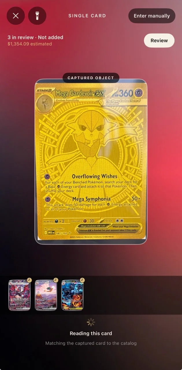 Memento scanner reading a captured Mega Gardevoir ex card with three cards in review.