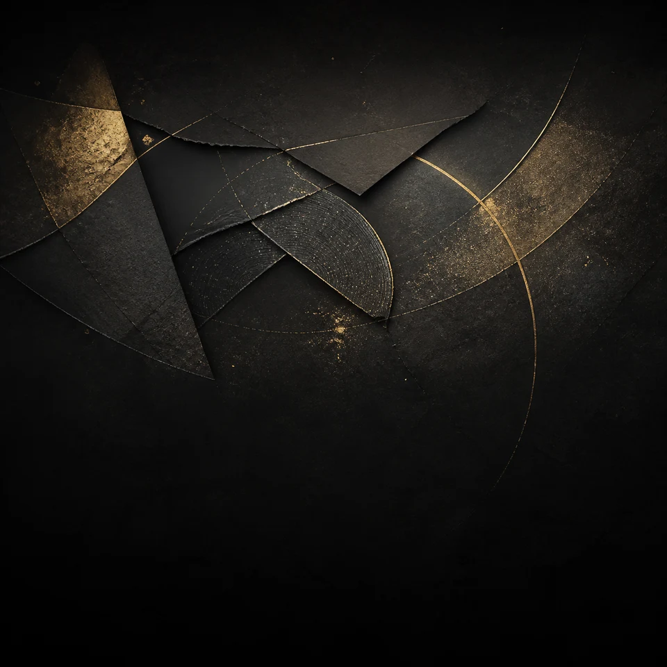 Memento Archive artwork: layered charcoal paper, champagne arcs and gold dust on ink.